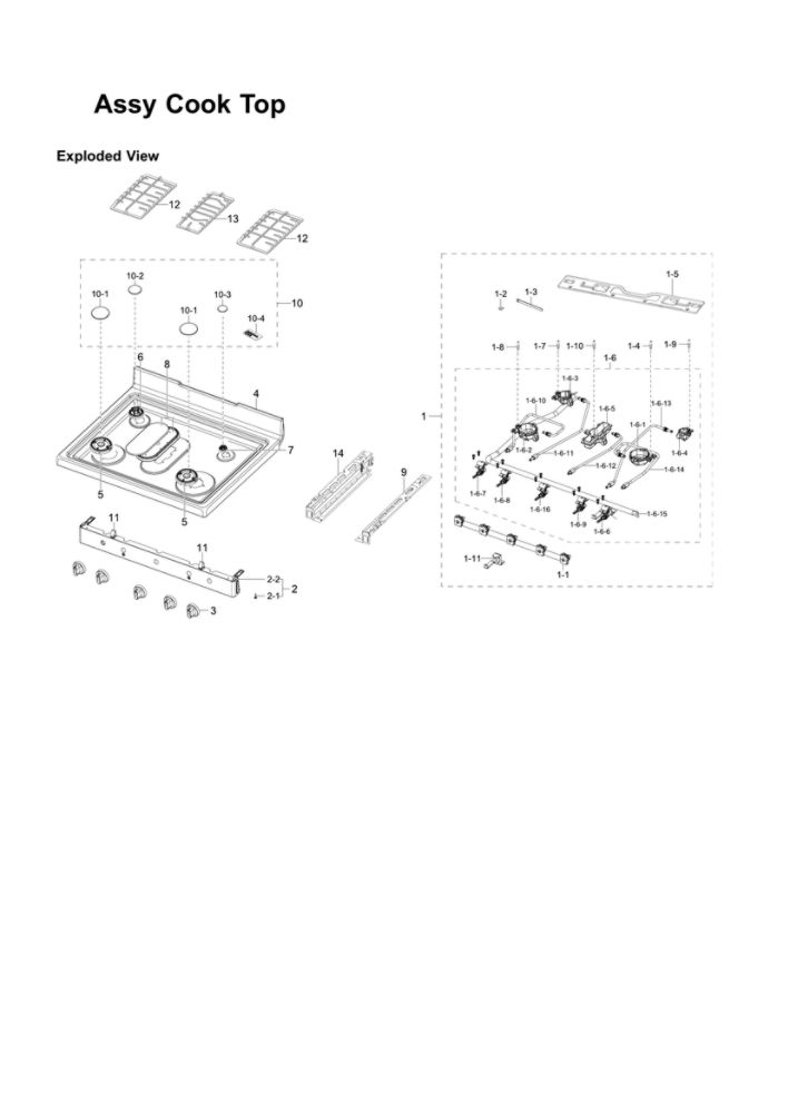 Cooktop Assembly Diagram and Parts List for NX58F5500SW AA-02 Samsung Range