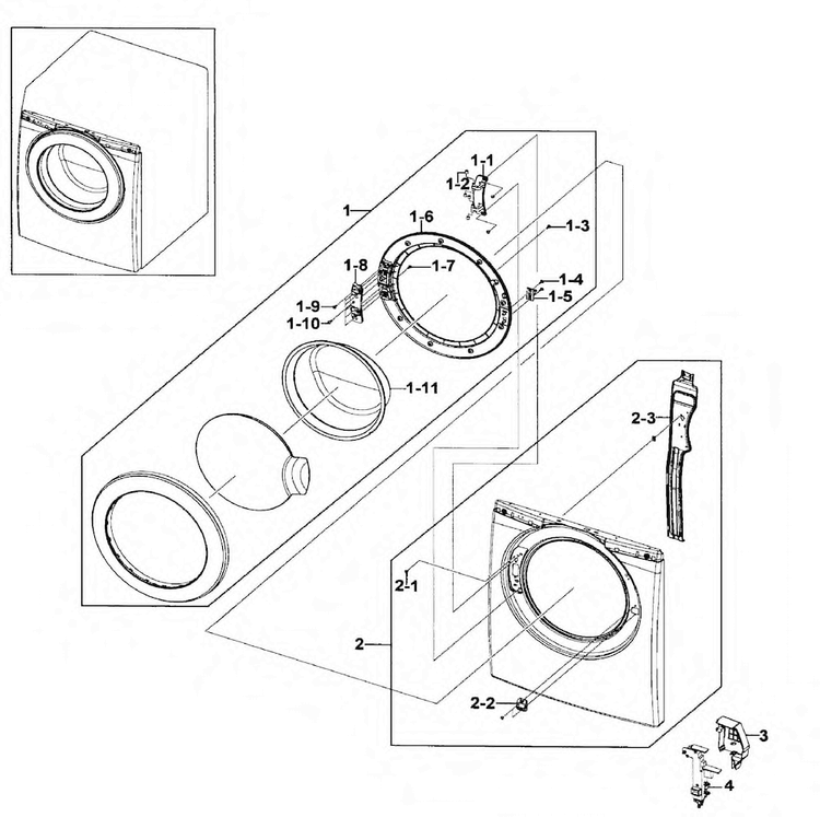 Front/door Assy Diagram and Parts List for WF206BNW XAA-0000 Samsung Washer