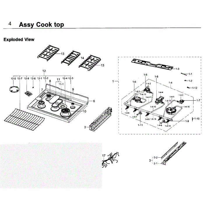 Cooktop Diagram and Parts List for NX58K7850SG AA-00 Samsung Range