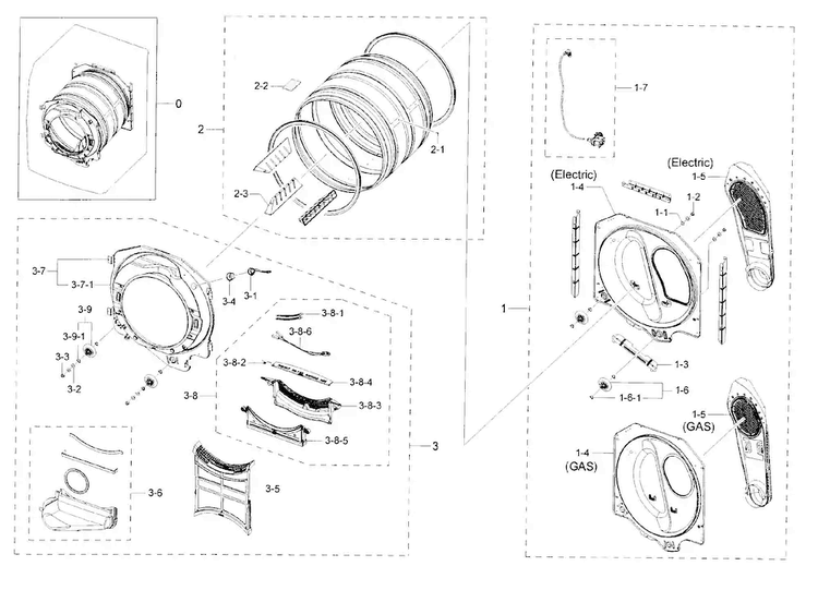 Drum Diagram and Parts List for DV42H5400EW A3-0000 Samsung Dryer