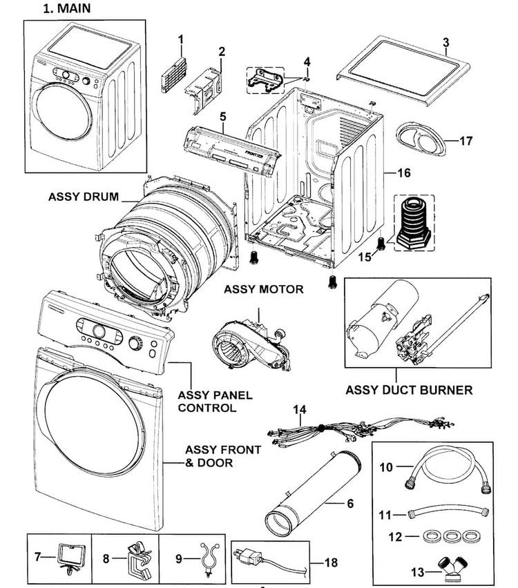 Main Assy Diagram and Parts List for DV338AGB XAA-0000 Samsung Dryer