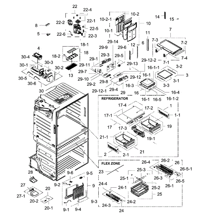 Fridge Assembly Diagram and Parts List for RF25HMEDBSR AA-00 Samsung Refrigerator