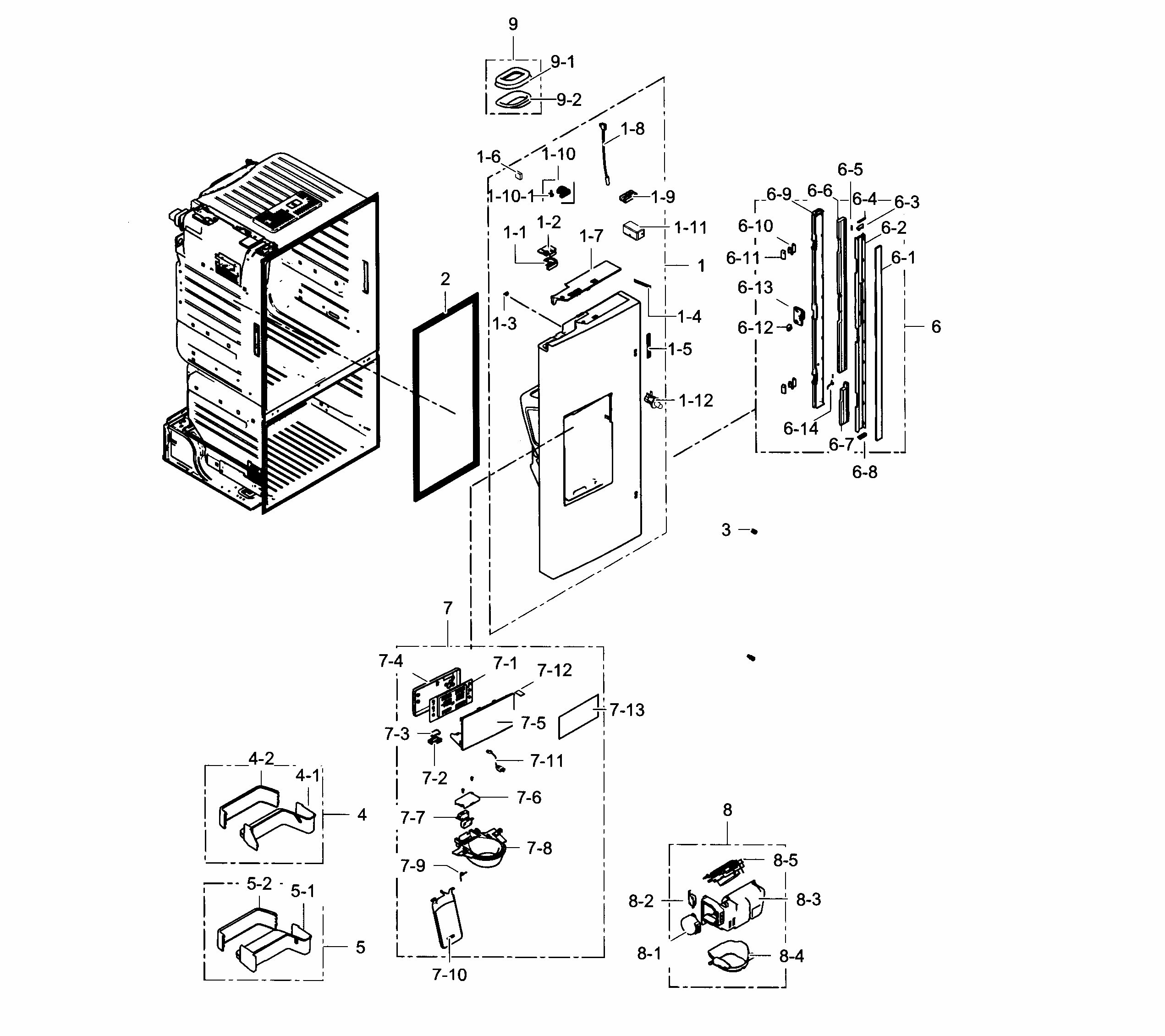 Door L Diagram and Parts List for RF263TEAEWW AA-0001 Samsung Refrigerator