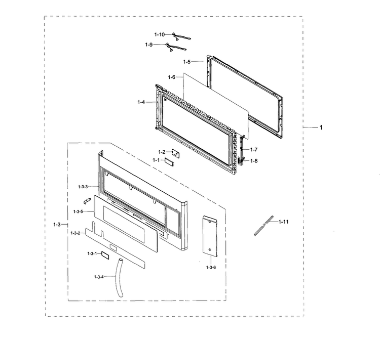 Door Diagram and Parts List for ME20H705MSW AA-0001 Samsung Microwave
