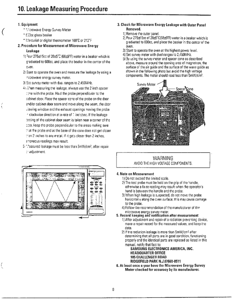 Leakage Measuring Procedure Diagram and Parts List for MC6566W XAA Samsung Microwave