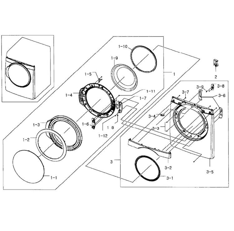 Front/door Assy Diagram and Parts List for DV448AEP XAA-0002 Samsung Dryer