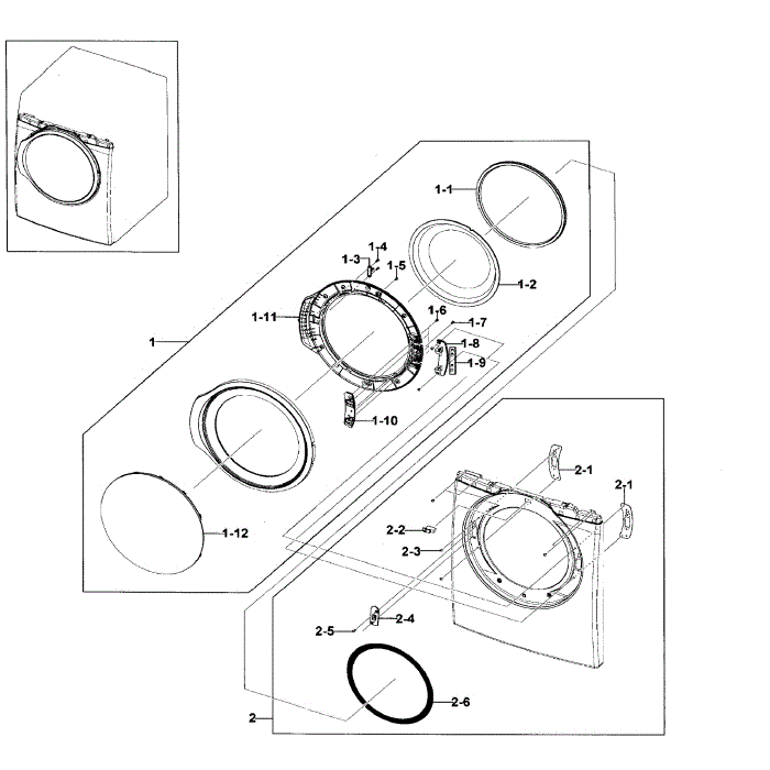 Frame Front And Door Diagram and Parts List for DV330AEB XAA-02 Samsung Dryer