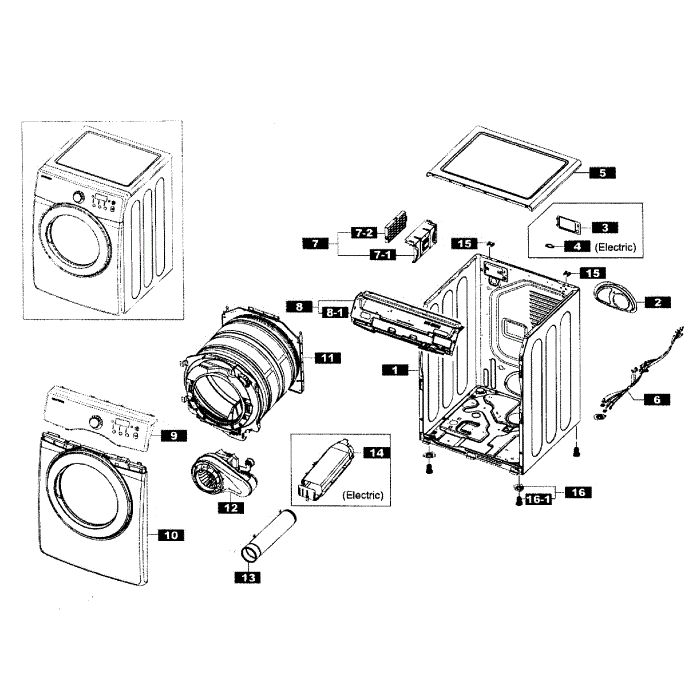 Main Assembly Diagram and Parts List for DV365ETBGWR A3-01 Samsung Dryer