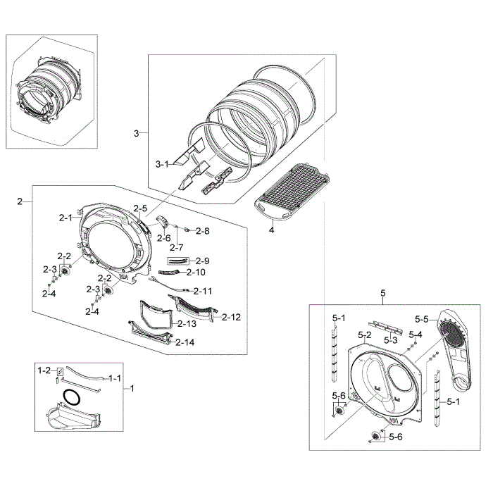 Drum Assembly Diagram and Parts List for DV448AGW XAA-02 Samsung Dryer