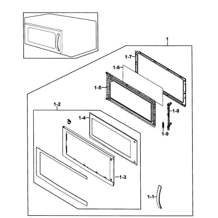 Door Assembly Diagram and Parts List for SMH8165STE XAA-00 Samsung Microwave