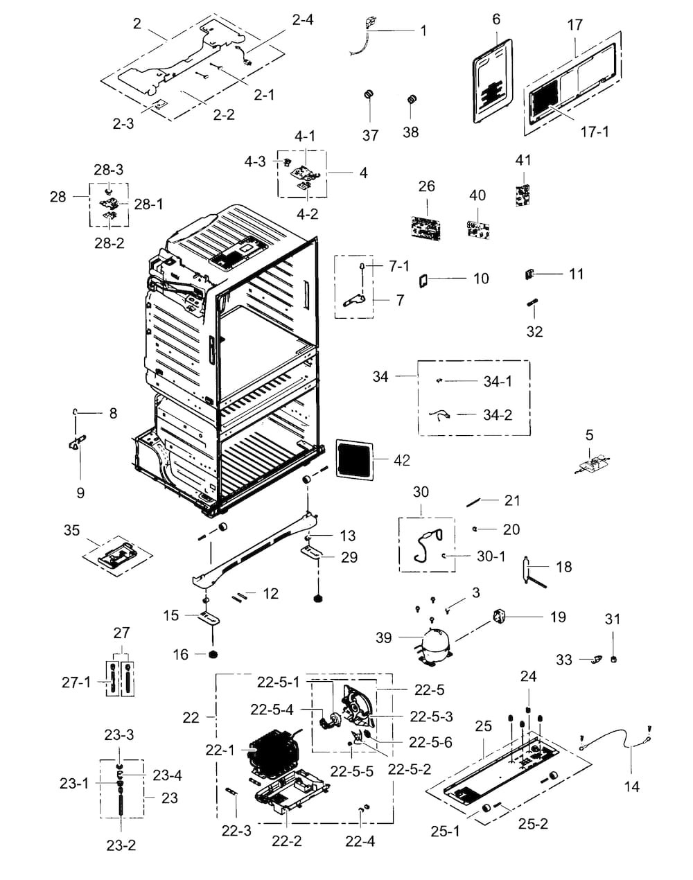 Cabinet Diagram and Parts List for RF25HMEDBWW AA-0002 Samsung Refrigerator
