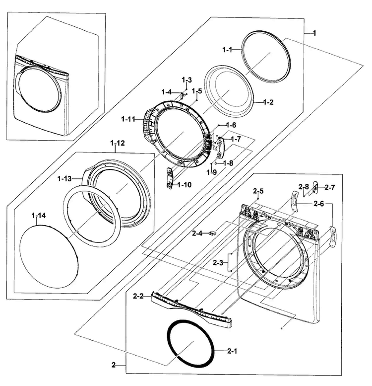 Front/door Assy Diagram and Parts List for DV419AGW XAA-0001 Samsung Dryer