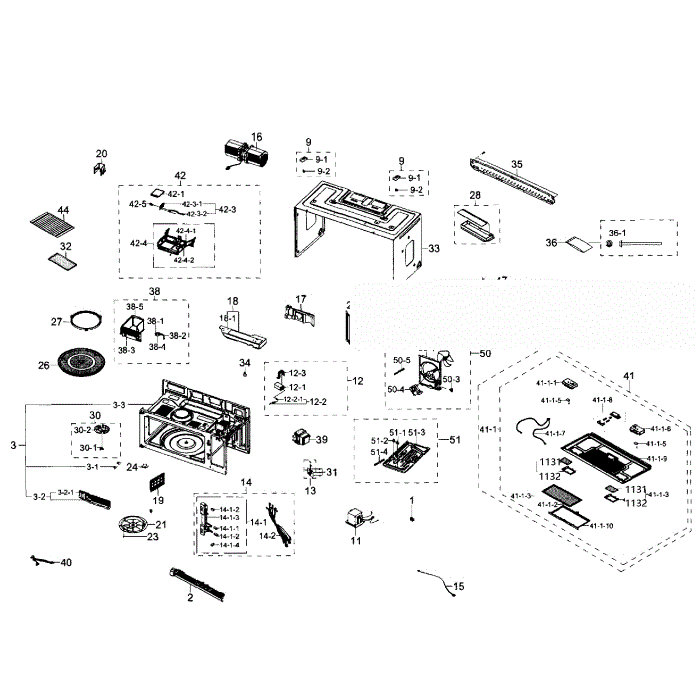 Main Section Diagram and Parts List for ME21F707MJT AA-01 Samsung Microwave