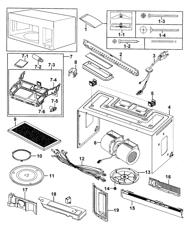 Cabinet 1 Diagram and Parts List for 40185059210  Kenmore Microwave