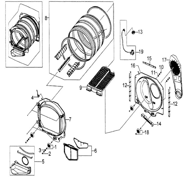 Drum Assy Diagram and Parts List for DV5451AEW XAA-0001 Samsung Dryer