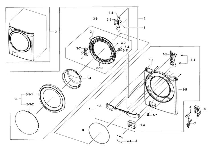 Frame Front & Door Diagram and Parts List for WF457ARGSWR A2-0000 Samsung Washer