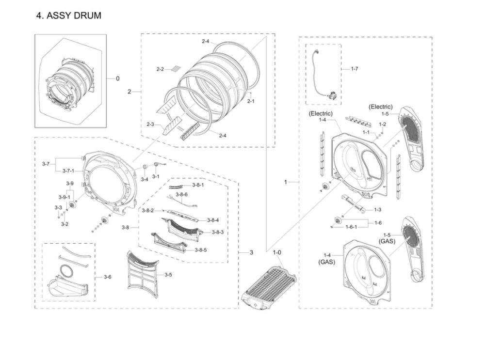 Drum Assembly Diagram and Parts List for DV42H5200EP A3-03 Samsung Dryer