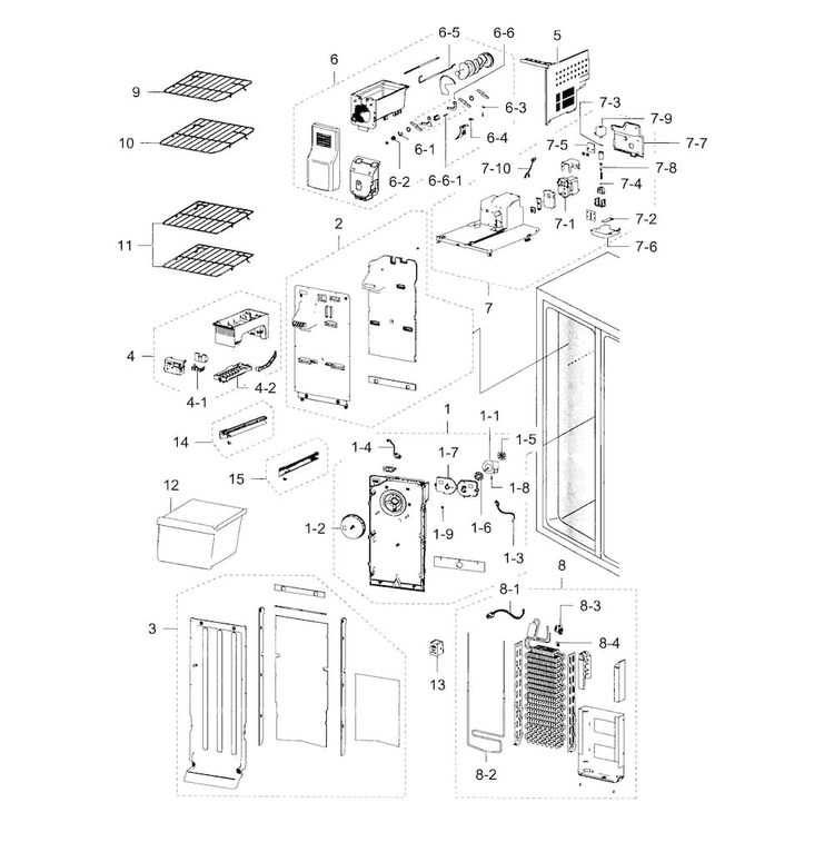 Freezer Diagram and Parts List for RS25H5000SR AA-0000 Samsung Refrigerator