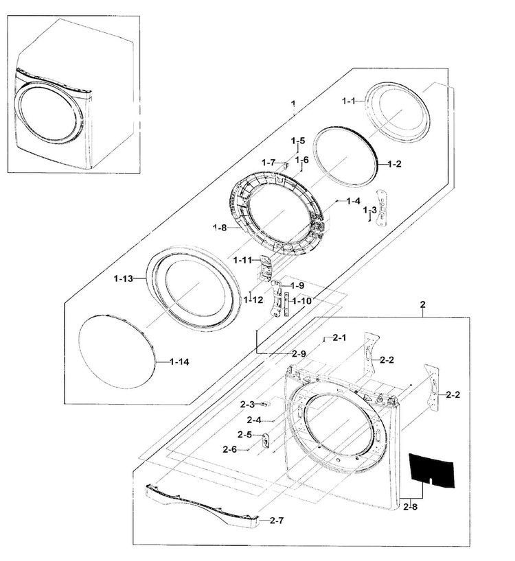 Front/door Assy Diagram and Parts List for DV511AER XAA-0002 Samsung Dryer