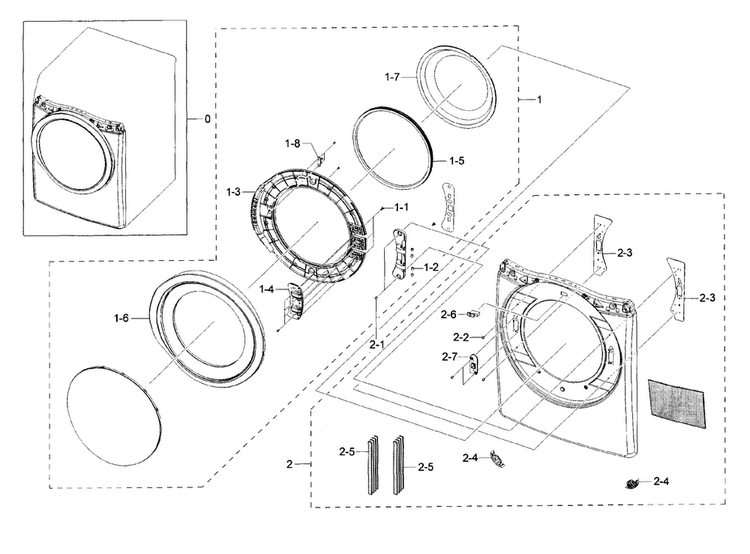 Frame Front & Door Diagram and Parts List for DV42H5400GF A3-0000 Samsung Dryer