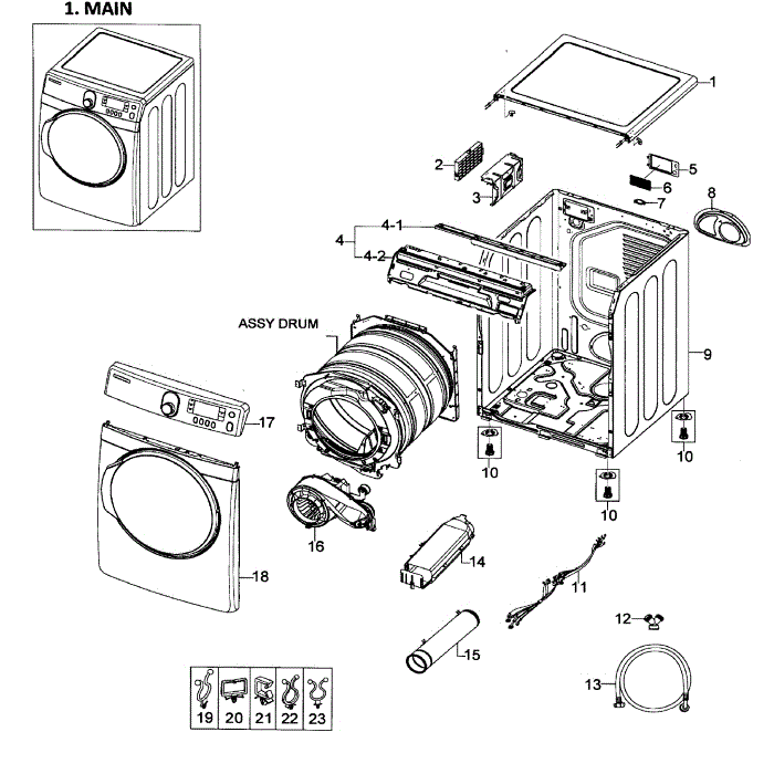 Main Assembly Diagram and Parts List for DV448AEP XAA-01 Samsung Dryer