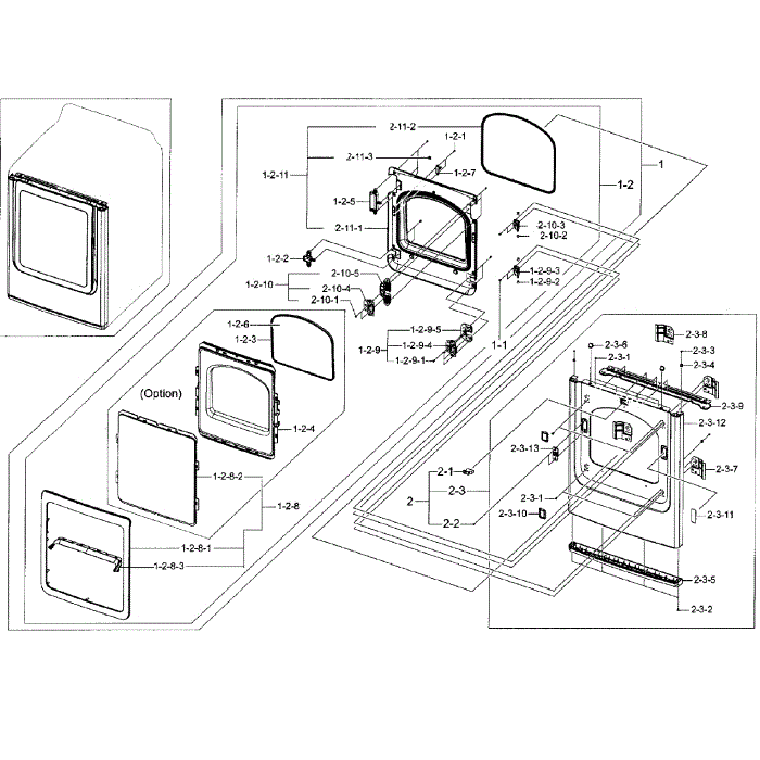 Frame Front And Door Diagram and Parts List for DV50F9A7EVW A2-00 Samsung Dryer
