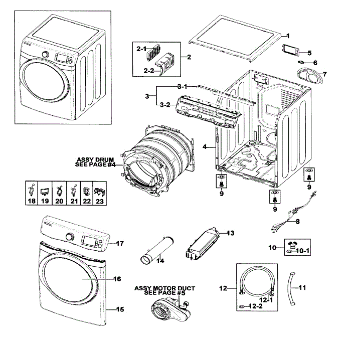 Main Assembly Diagram and Parts List for DV511AER XAA-00 Samsung Dryer