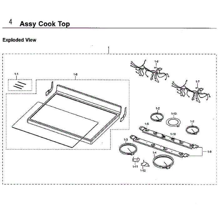 Cook Top Diagram and Parts List for NE59M6850SG AA-00 Samsung Range