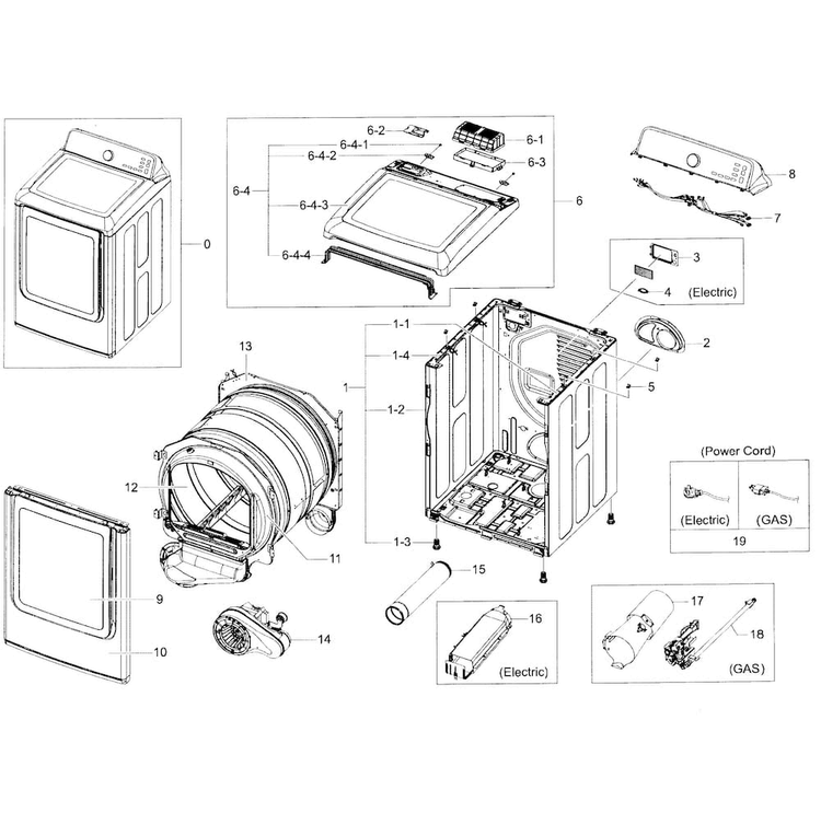 Main Asy Diagram and Parts List for DV45H7000GW A2-0001 Samsung Dryer