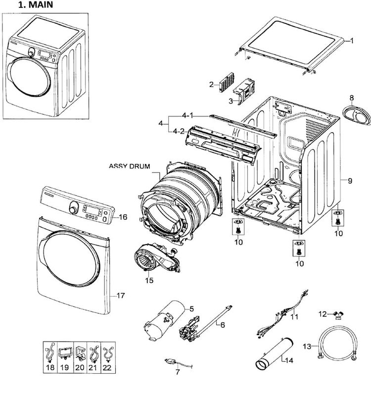 Main Assy Diagram and Parts List for DV448AGW XAA-0001 Samsung Dryer