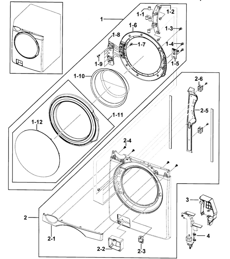 Front Door Diagram and Parts List for WF431ABW XAA-0000 Samsung Washer