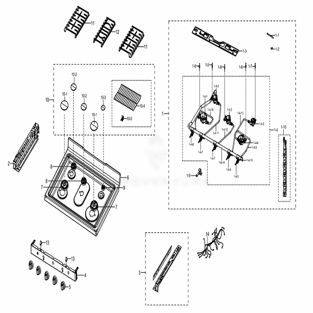 Assembly Cook Top Diagram and Parts List for NX58M6850SS (AA)(0001) Samsung Range