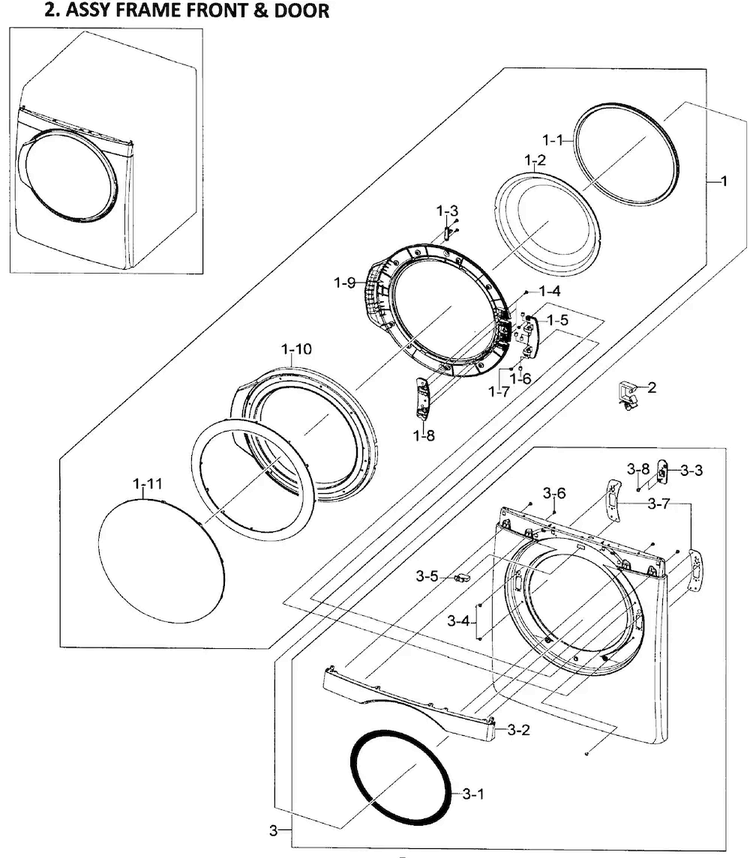 Front/door Assy Diagram and Parts List for DV448AEP XAA-0001 Samsung Dryer