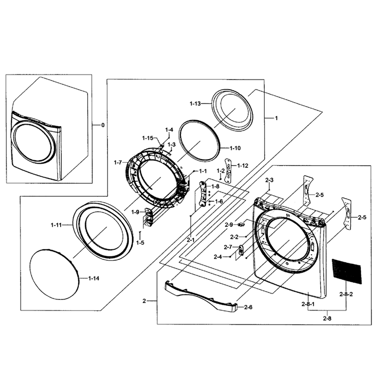 Front Assy Diagram and Parts List for DV457GVGSWR AA-0001 Samsung Dryer