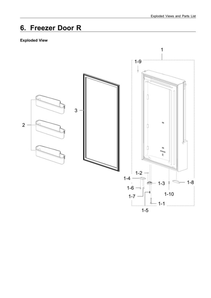 Right Freezer Door Parts Diagram and Parts List for RF28M9580SR AA-01 Samsung Refrigerator