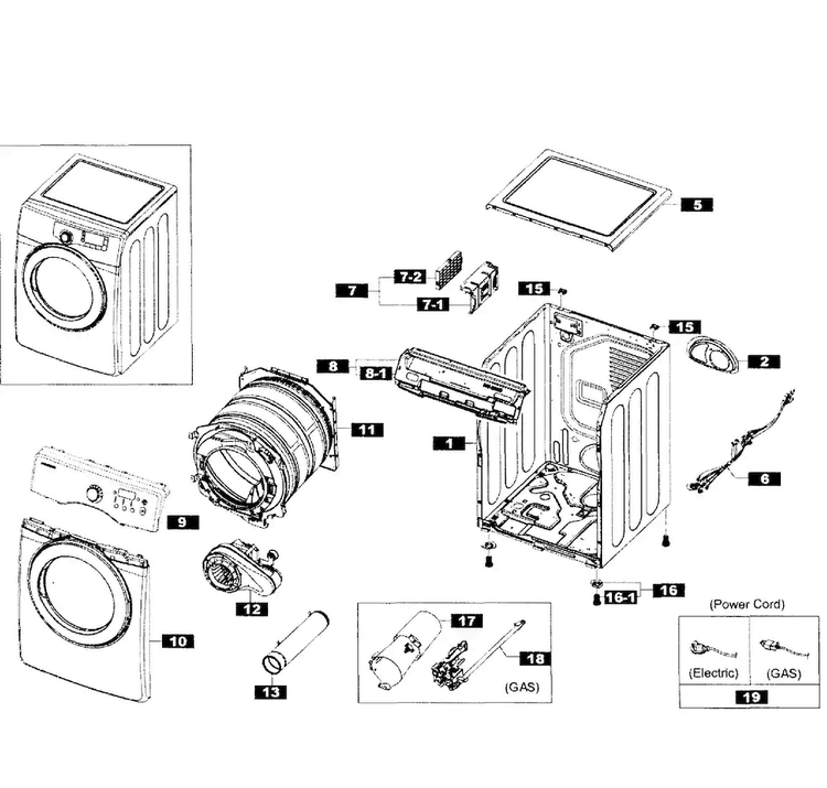 Main Assy Diagram and Parts List for DV365GTBGWR A3-0001 Samsung Dryer