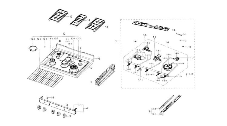 Cooktop Diagram and Parts List for NX58J7750SS AA-0000 Samsung Range