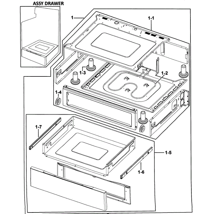 Drawer Assembly Diagram and Parts List for FTQ353IWUW XAA-00 Samsung Range