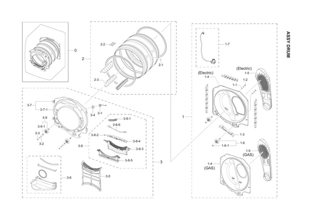 Drum Assembly Diagram and Parts List for DV42H5200GF A3-01 Samsung Dryer