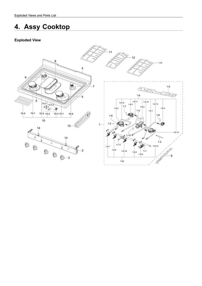 Cooktop Assembly Diagram and Parts List for NX58R4311SS AA-01 Samsung Range