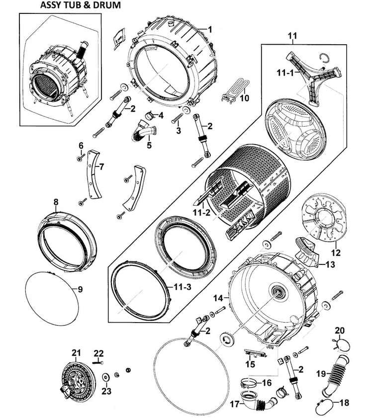 Drum Assy Diagram and Parts List for WF328AAG XAA-0000 Samsung Washer