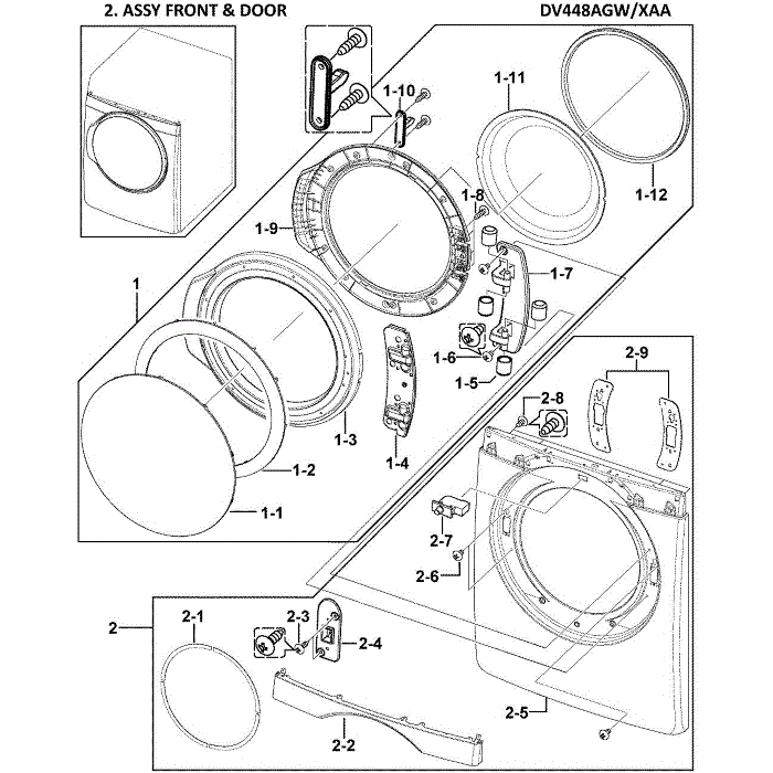 Front Assembly Diagram and Parts List for DV448AGW XAA-00 Samsung Dryer