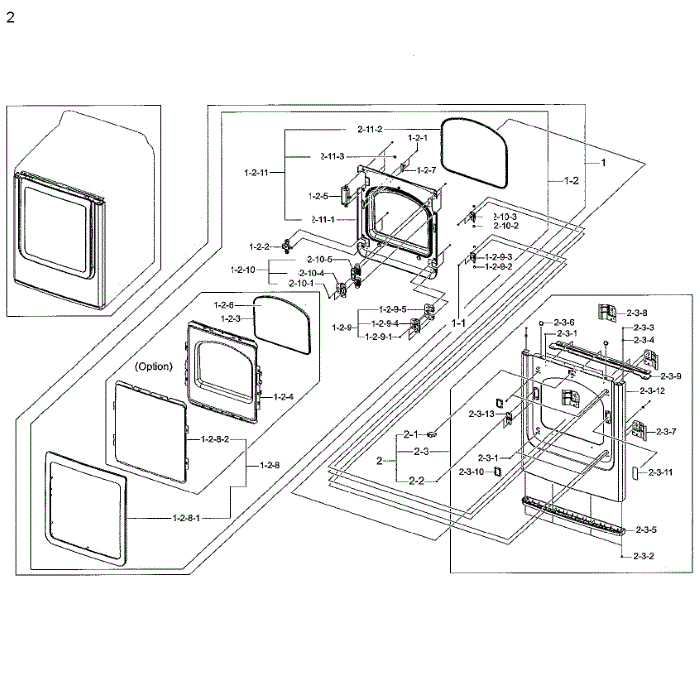 Frame Front And Door Diagram and Parts List for DV48H7400GP A2-01 Samsung Dryer