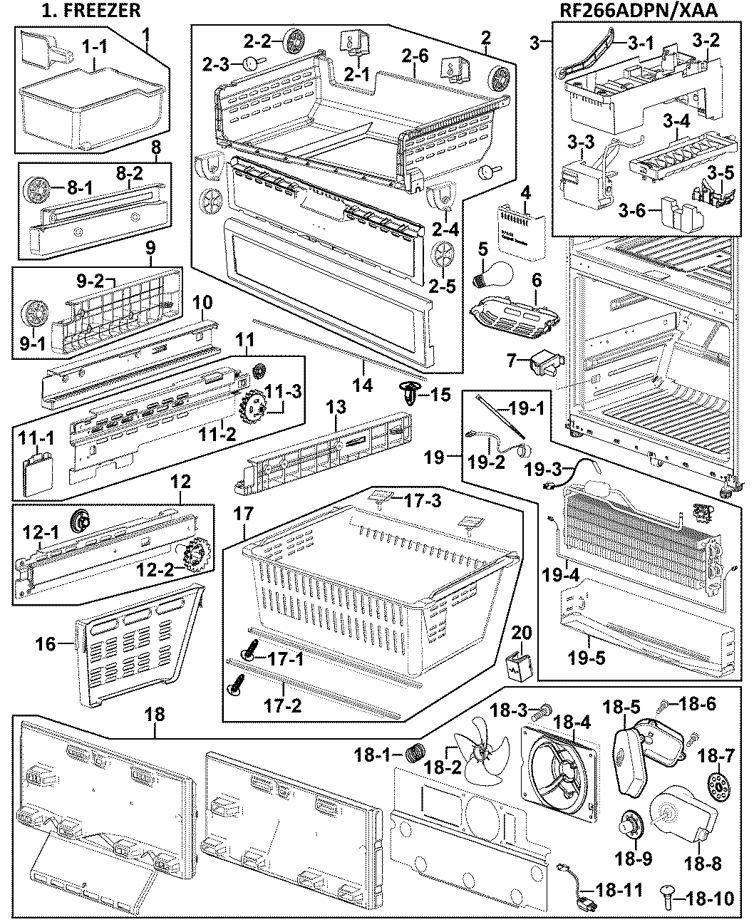 Freezer Diagram and Parts List for RF266ADPN XAA-0000 Samsung Refrigerator