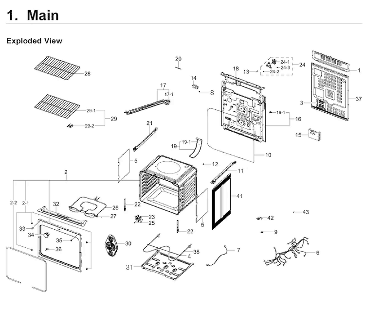 Main Asy Diagram and Parts List for NE59J3420SW AA-0007 Samsung Range