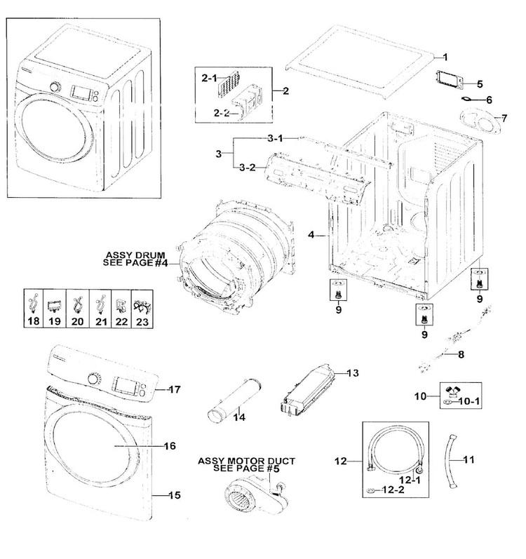 Main Assy Diagram and Parts List for DV511AER XAA-0001 Samsung Dryer