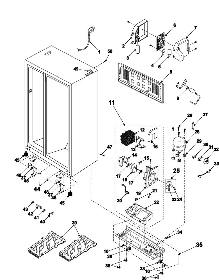 Machine Compartment & Cabinet Back Diagram and Parts List for RH2777AT XAA Samsung Refrigerator