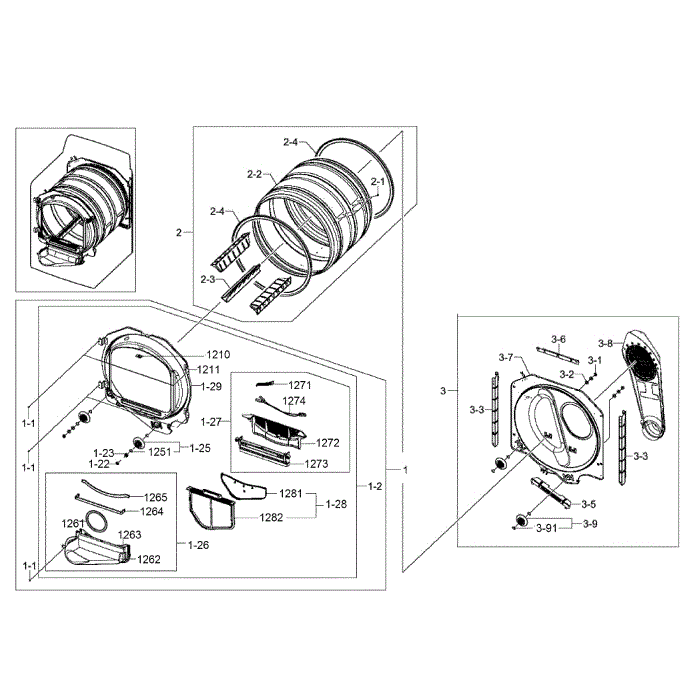 Drum Assembly Diagram and Parts List for DV400EWHDWR AA-00 Samsung Dryer