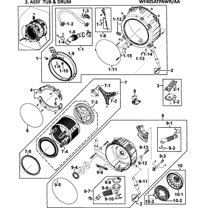 Tub Assembly Diagram and Parts List for WF405ATPAWR AA-00 Samsung Washer