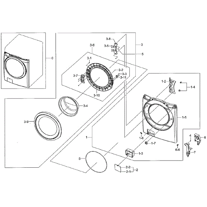 Frame Front And Door Diagram and Parts List for WF42H5000AW A2-01 Samsung Washer